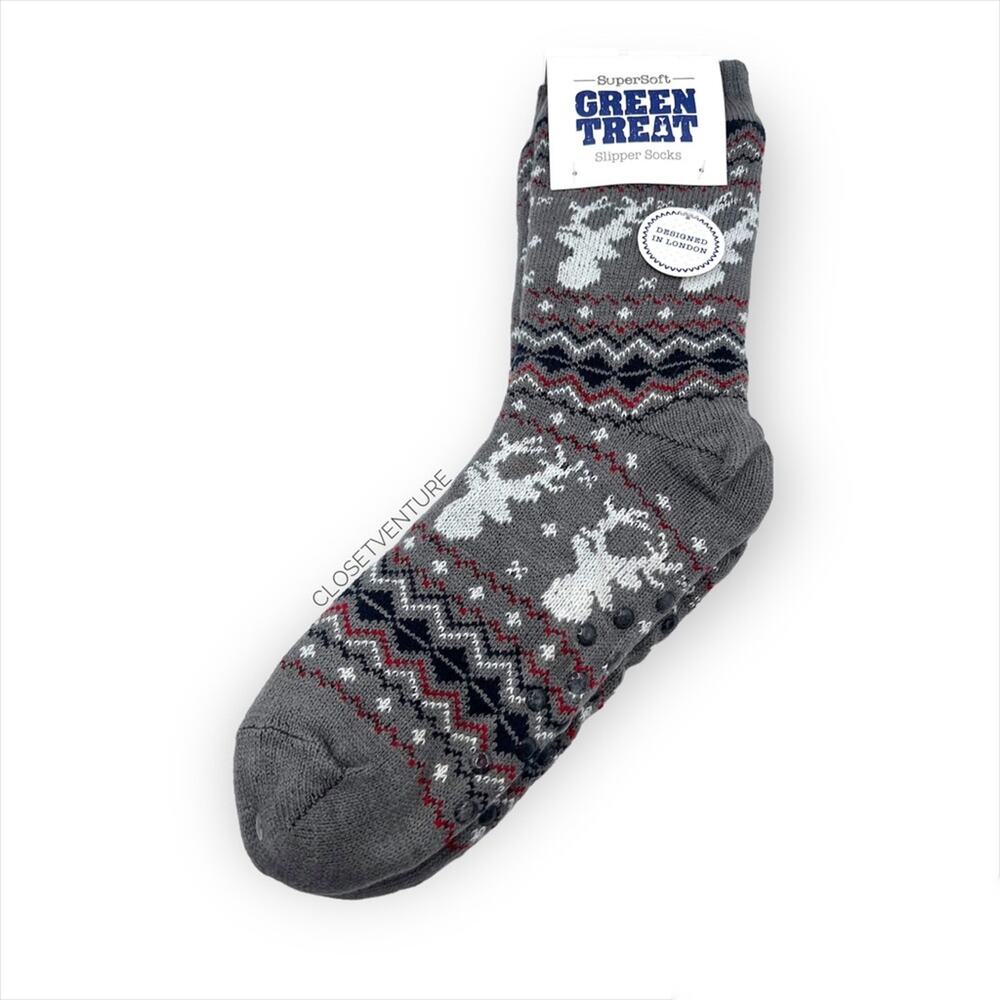 Green Treat Men’s 1 Pair SuperSoft Grey Deer Print Slipper Socks Size 8-12